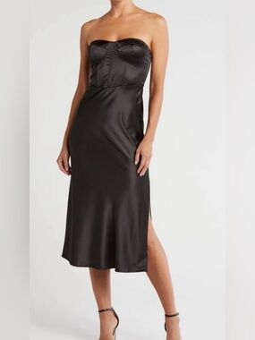 Strapless Black Satin Midi Dress